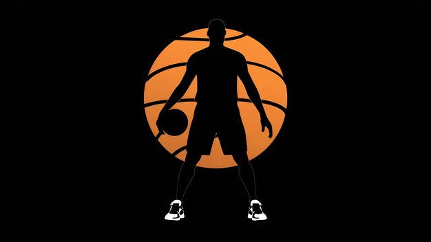 Foto vista di silhouette di un giocatore di basket con una palla da basket su sfondo nero