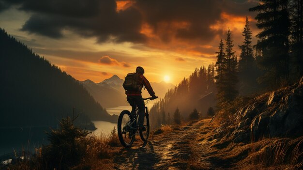 Silhouette of vintage bike at the sunset on a mountain