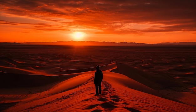 Foto silhouette che cammina sulla duna di sabbia al tramonto generata dall'intelligenza artificiale