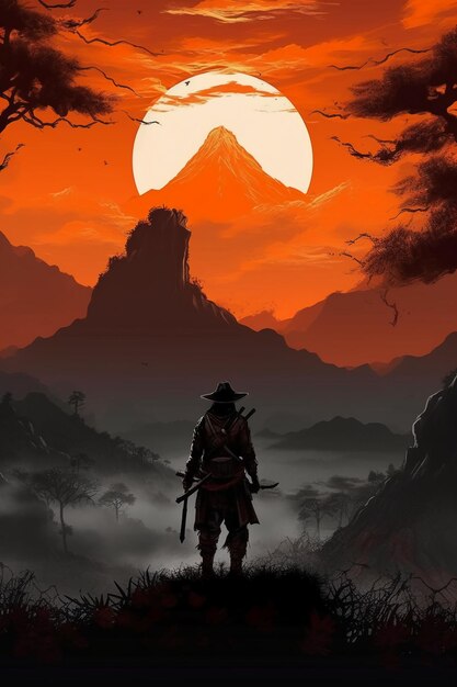 Silhouette of a warrior in front of a mountain ai generative