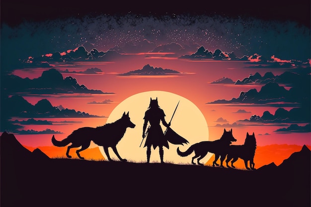 Silhouette of a warrior with a pack of wolves looking at sunset sky digital art style illustration painting fantasy concept of a silhouette of a warrior