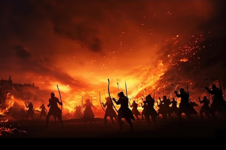 Photo silhouette warriors shooting arrows in fantasy battle