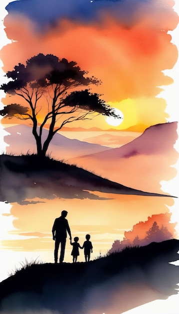 Silhouette watercolor man and child walking outdoors Fathers Day concept poster banner copy space