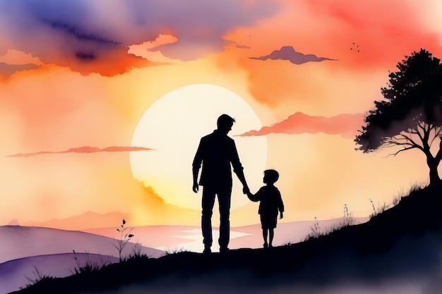 Silhouette watercolor man and child walking outdoors Fathers Day concept poster banner copy space