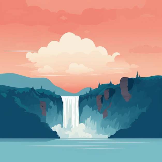 Silhouette of a waterfall in the mountains vector illustration