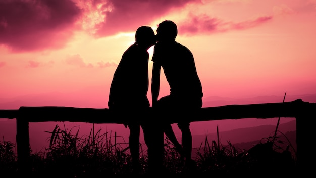 Silhouette of wedding Couple in love kissing and holding hand together during sunset with pink sunset sky