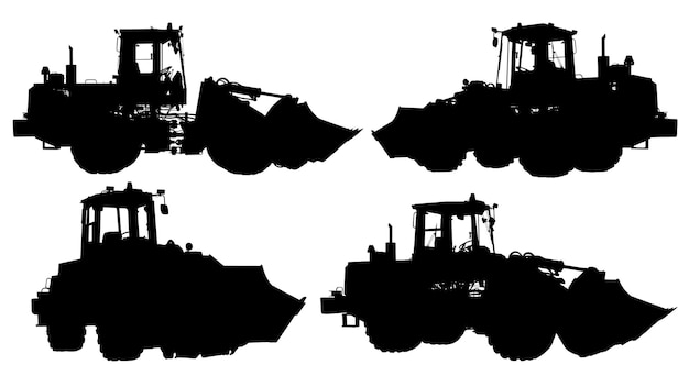 Silhouette of a wheeled front loader or bulldozer on a white isolated background construction machinery Element for design Transportation and movement of bulk materials Excavation