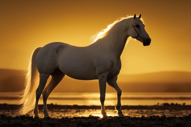 Silhouette of a white stallion against a golden sky