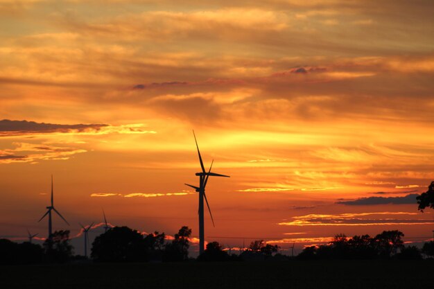 Silhouette of wind turbines at sunset