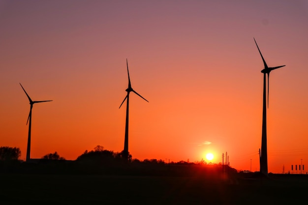 silhouette of wind turbines at sunset