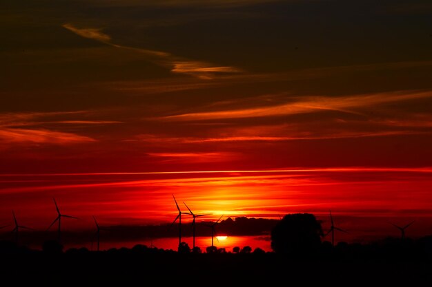 Silhouette of wind turbines at sunset