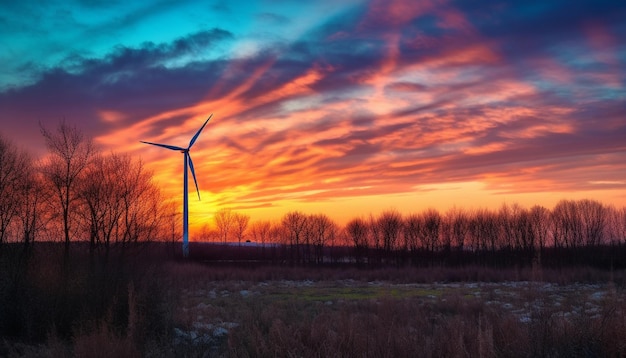 Silhouette of wind turbines turning in the dusk sky generated by artificial intelligence