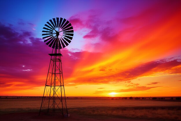 Silhouette of a windmill against a colorful sunset