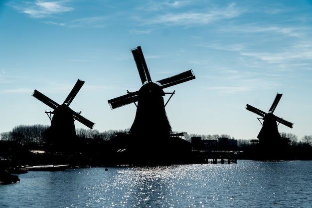 Silhouette of windmills in Netherlands