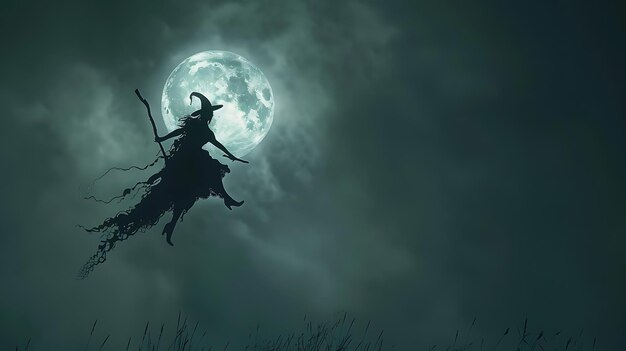 Photo silhouette of a witch flying on a broomstick under a full moon