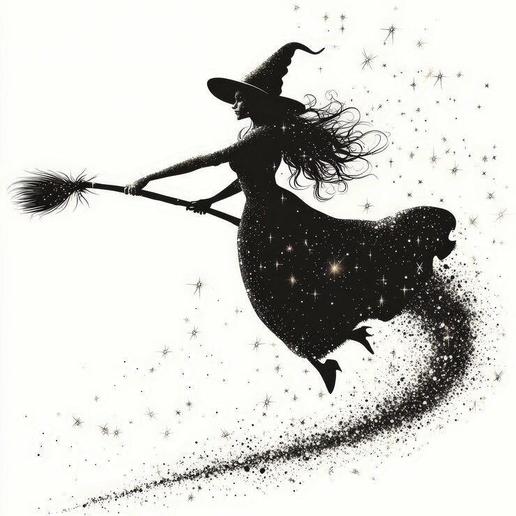 Photo silhouette of a witch flying on a broomstick with stars