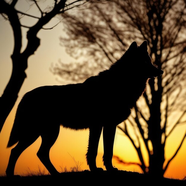 A silhouette of a wolf against a sunset background.