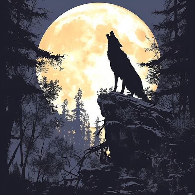 Silhouette wolf howling at the moon in forest For Social Media Post Size