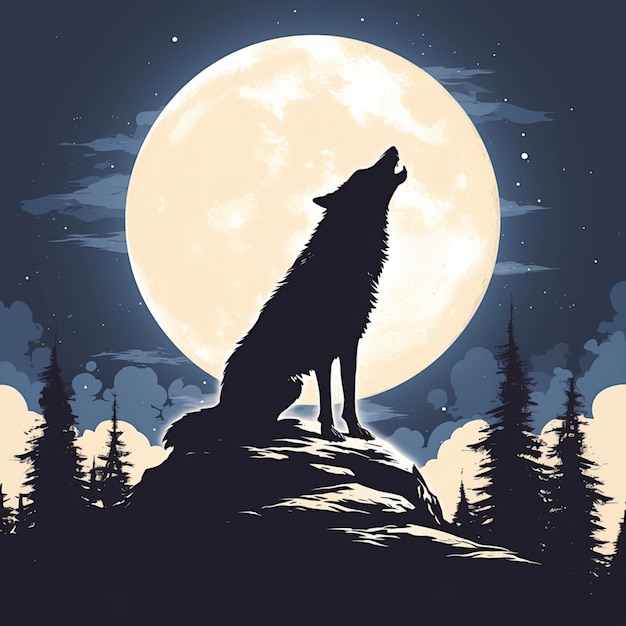 Silhouette wolf howling at the moon in forest For Social Media Post Size