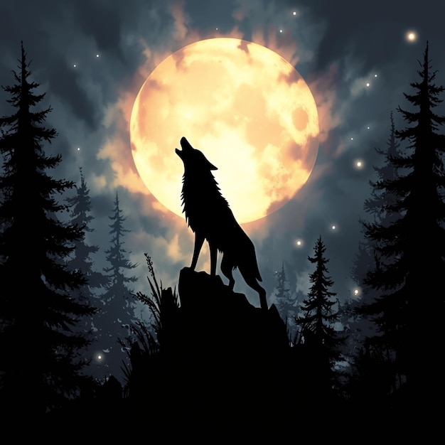 Силуэт волка выет на луну в лесу для социальных сетей
