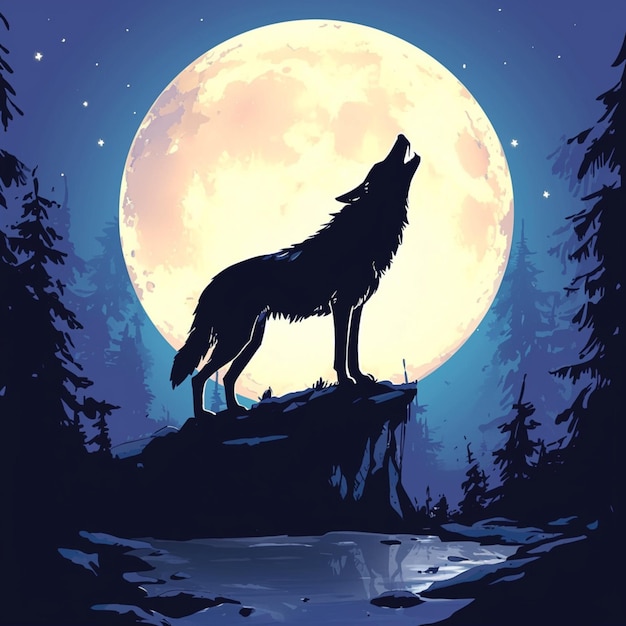 Silhouette wolf howling at the moon in forest For Social Media Post Size