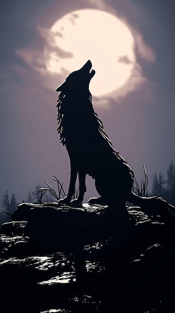 Photo silhouette wolf howling at the moon in forest vertical mobile wallpaper