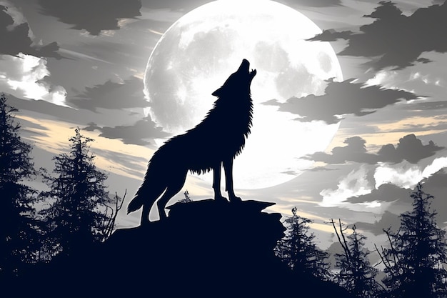 Silhouette wolf howling at the moon in forest