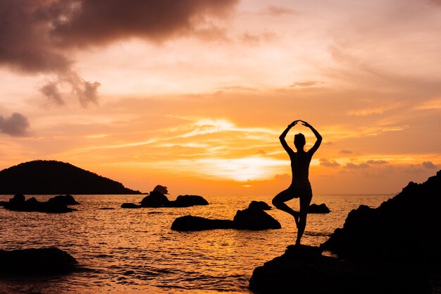 海に沈む夕日に対する女性のシルエット