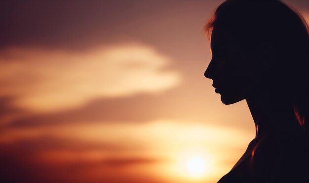 Silhouette of a woman on the background of the setting sun