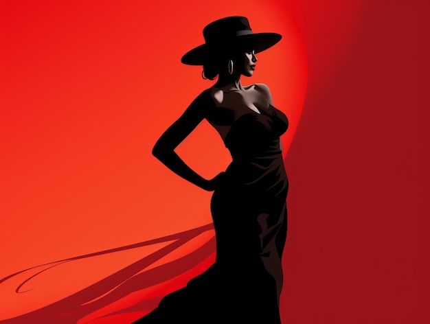 silhouette of a woman in a black dress and hat on a red background