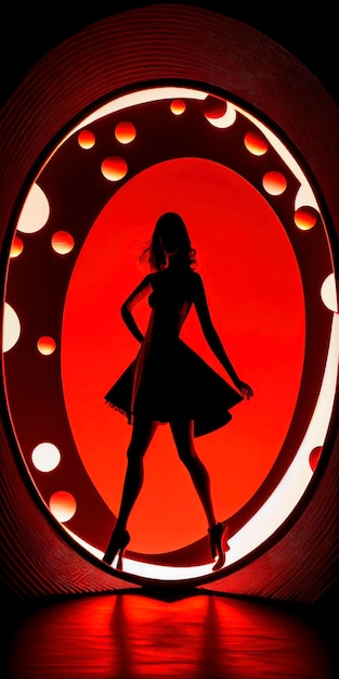 Silhouette of a woman in black on a red circle background