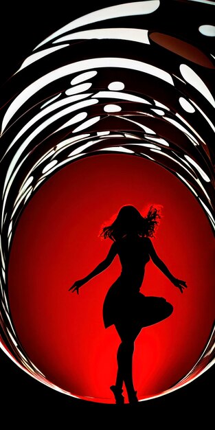 Silhouette of a woman in black on a red circle background