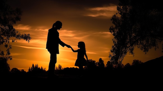 Silhouette of a woman and child holding hands