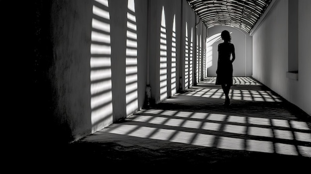 Silhouette of a woman in the corridor light and shadow and on the wall and floor black and white made with Generative AI