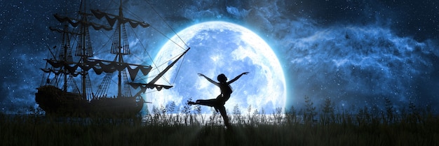 Silhouette of a woman dancing on the background of the moon and ship, 3d illustration