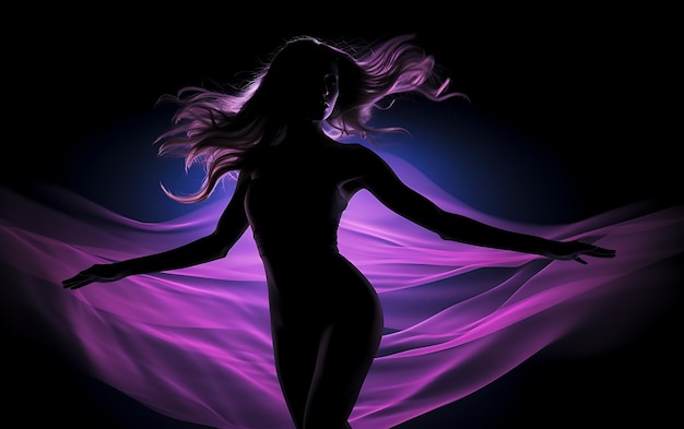 Silhouette of Woman dancing in the dark with a rim light Dance background concept