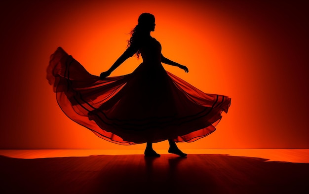 Foto silhouette di donna che balla al buio con una luce del bordo danza concetto di fondo