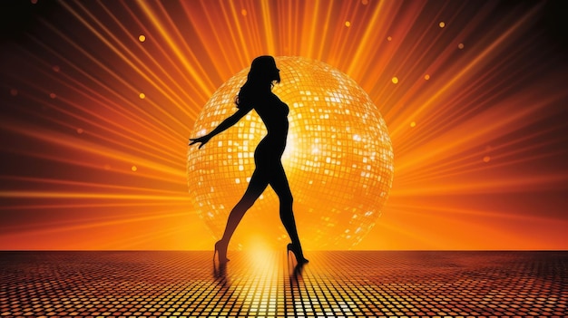 a silhouette of a woman dancing in front of a disco ball