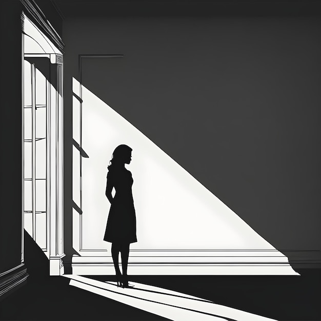 Foto silhouette di una donna in una stanza buia illuminata dalla porta