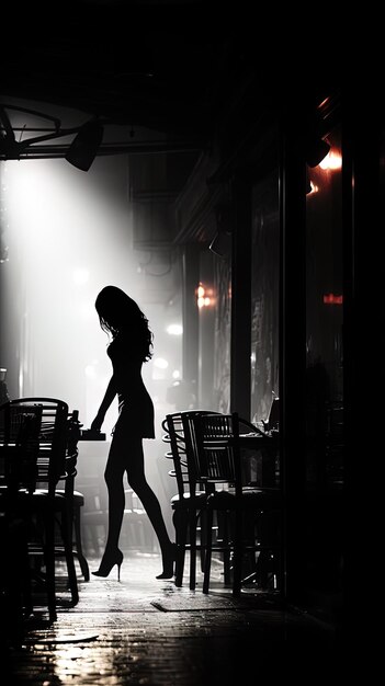 Photo a silhouette of a woman in a dark room with a woman walking in the foreground