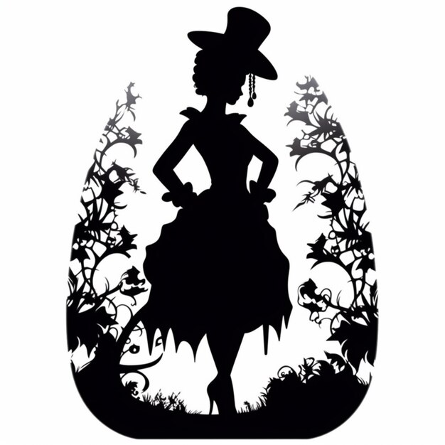 Foto silhouette di una donna con un vestito e un cappello in piedi in un giardino ai creativo