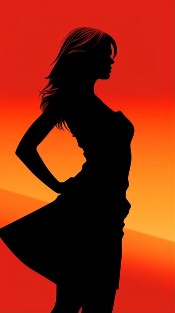 a silhouette of a woman in a dress on an orange background