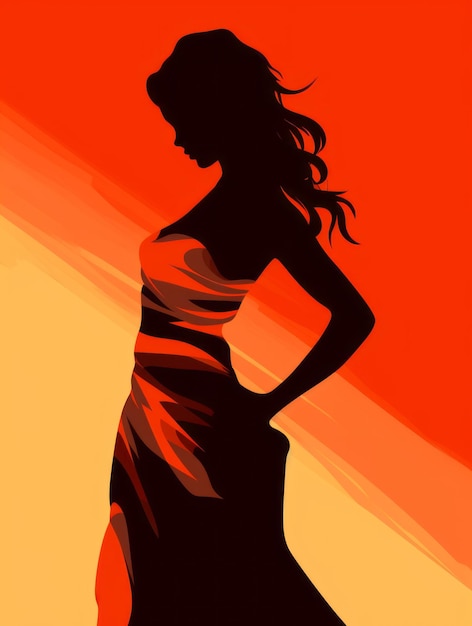 силуэт женщины в платье на оранжево-красном фоне