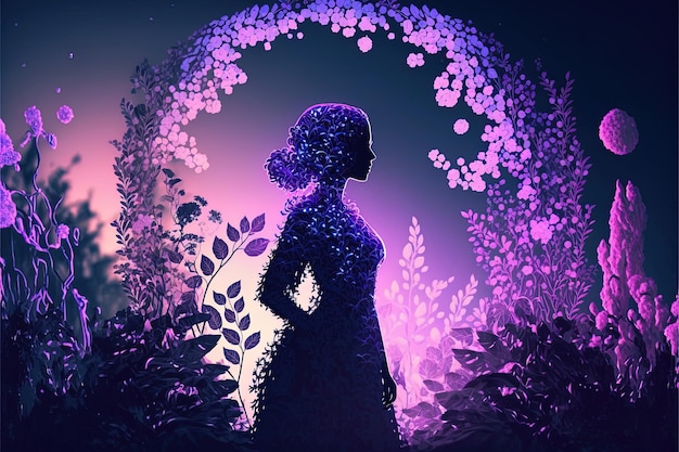 Photo silhouette of woman in the fantasy flower garden, celebrating women's day