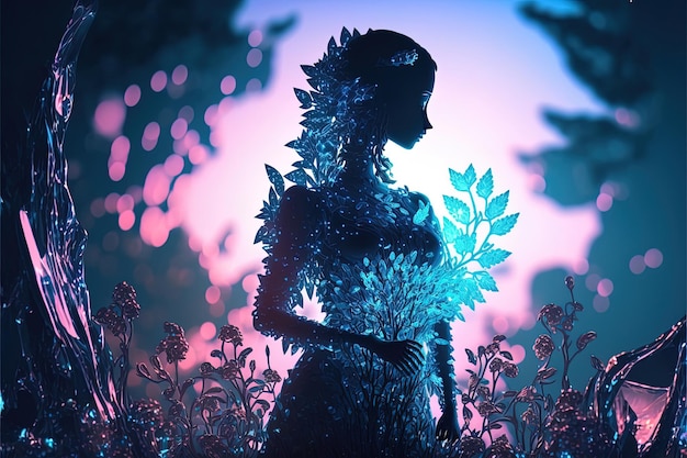 Photo silhouette of woman in the fantasy flower garden, celebrating women's day