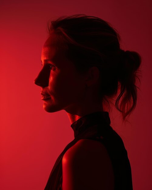 Silhouette of a woman in front of a red light