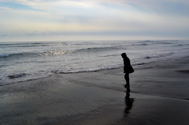 Silhouette of a woman in front of the shore of a beach at sunset