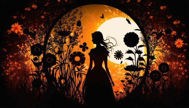 A silhouette of a woman in a garden with flowers and butterflies.