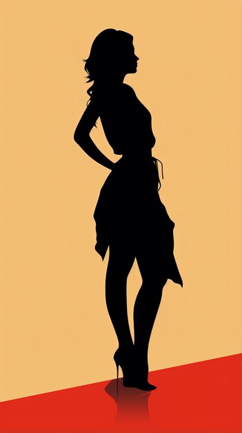a silhouette of a woman in high heels standing on a red and yellow background