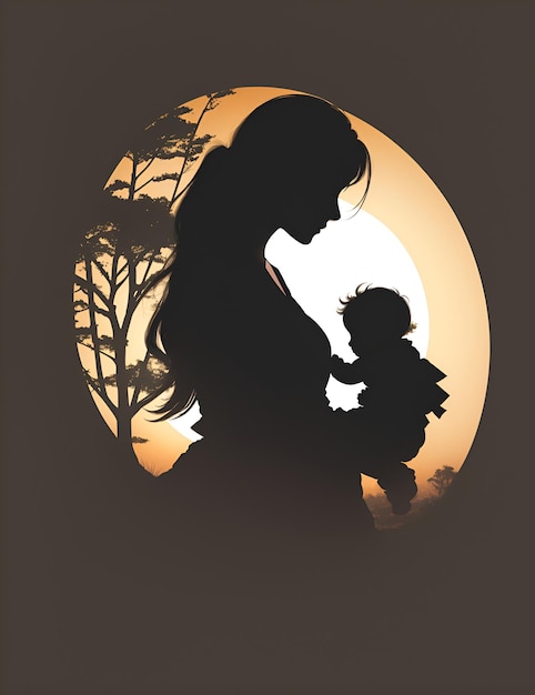 満月の前で赤ちゃんを抱く女性のシルエット。